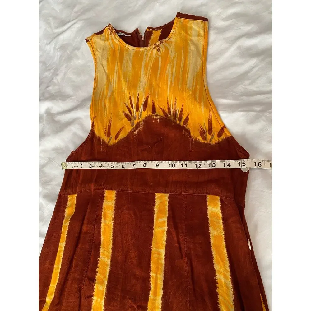 Marla Kim Tie Dyed Yellow & Rust Red Palm Tree Maxi Dress